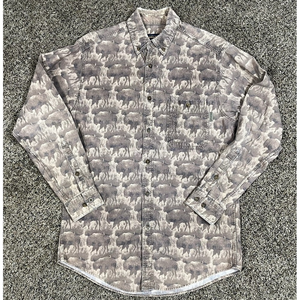 Woolrich Chamois Button Down Shirt Brown Bison Buffalo Print Men's Sz Medium